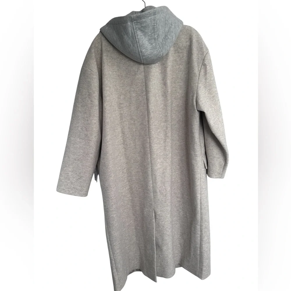 ASOS DESIGN wool look overcoat in tan with grey jersey hood - Picture 2 of 5